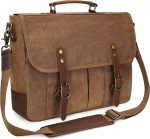 Mens Messenger Bag 15.6 Inch Waterproof Vintage Genuine Leather Waxed Canvas Briefcase Retro Office Computer Laptop Bag Large School Satchel Shoulder Bag for Men Women, Brown